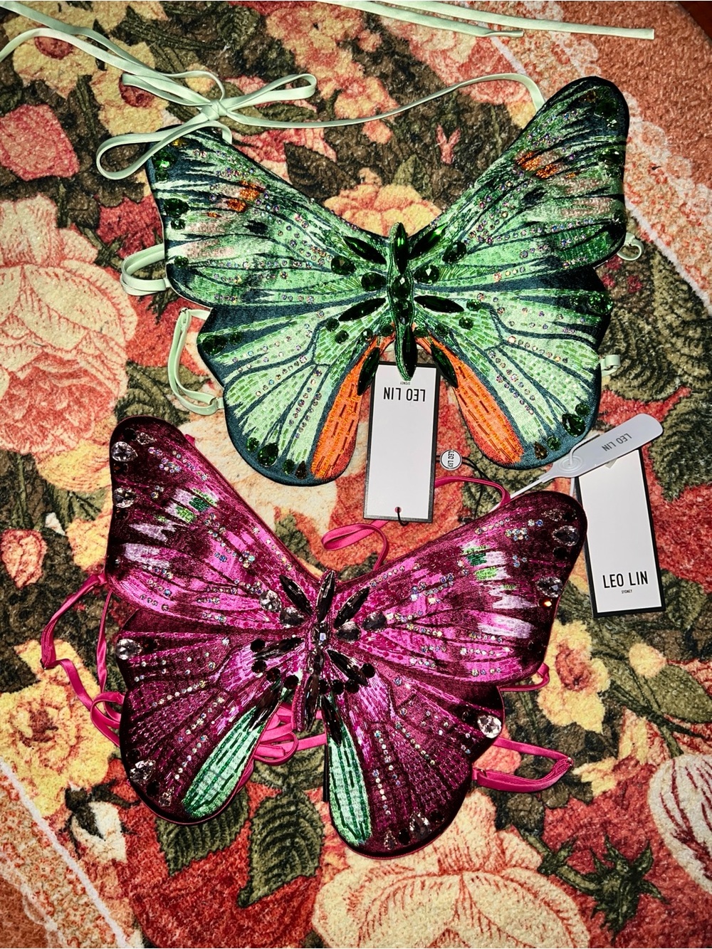LEO LIN Aurora Green Hand Embellished Embroidered Papillon Butterfly Top NWT